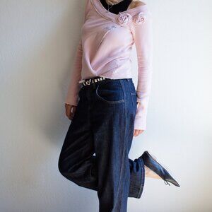 Y2K Miss Sixty Light Pink Boat Neck Overlay Crossover Sweatshirt 3D Flowers XS S